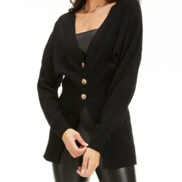 GOOD AMERICAN Waisted Cardigan Sweater V-Neck in Black Size 3/4 - Picture 1 of 11
